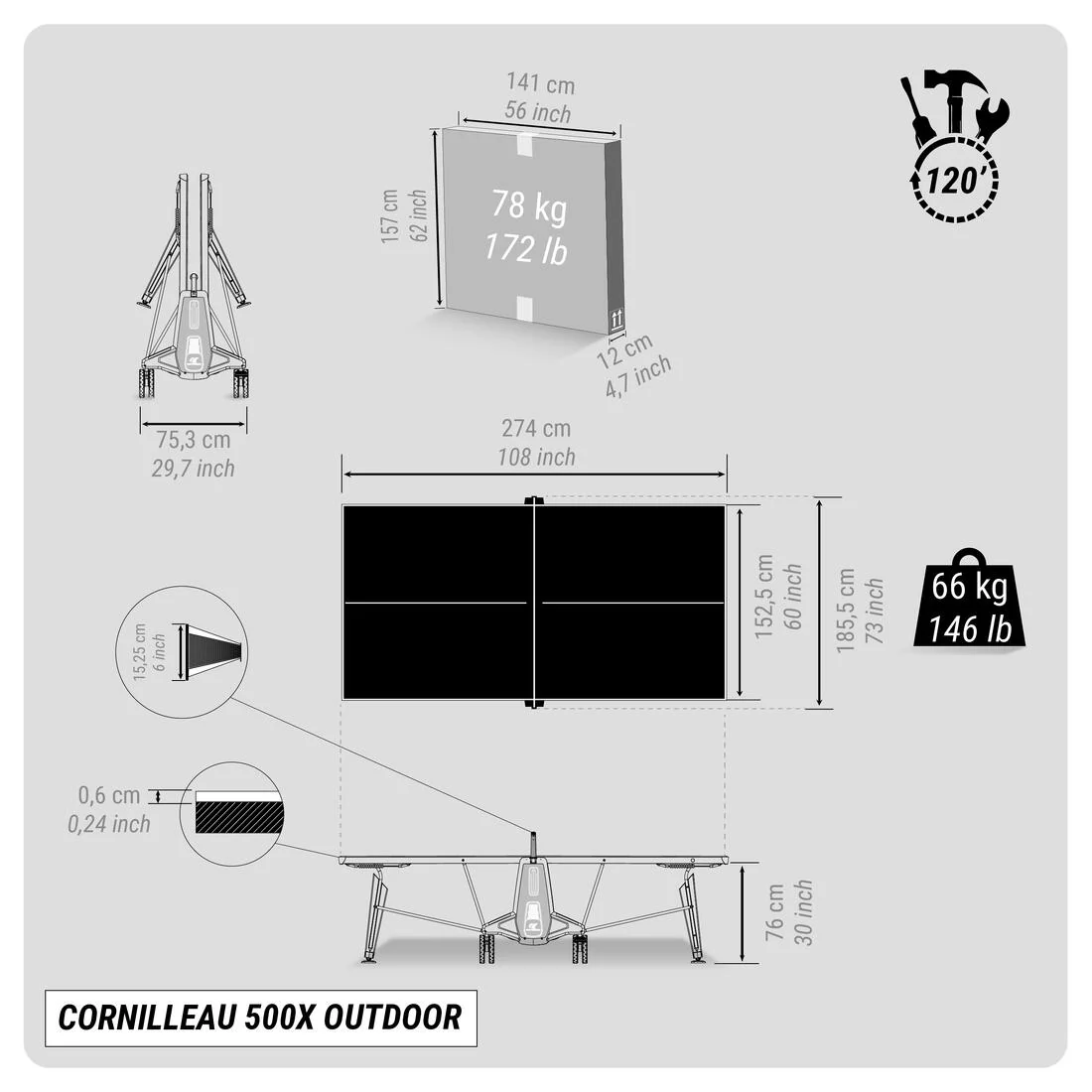 TABLE DE PING PONG EXTÉRIEURE 500X GRISE - Image 2