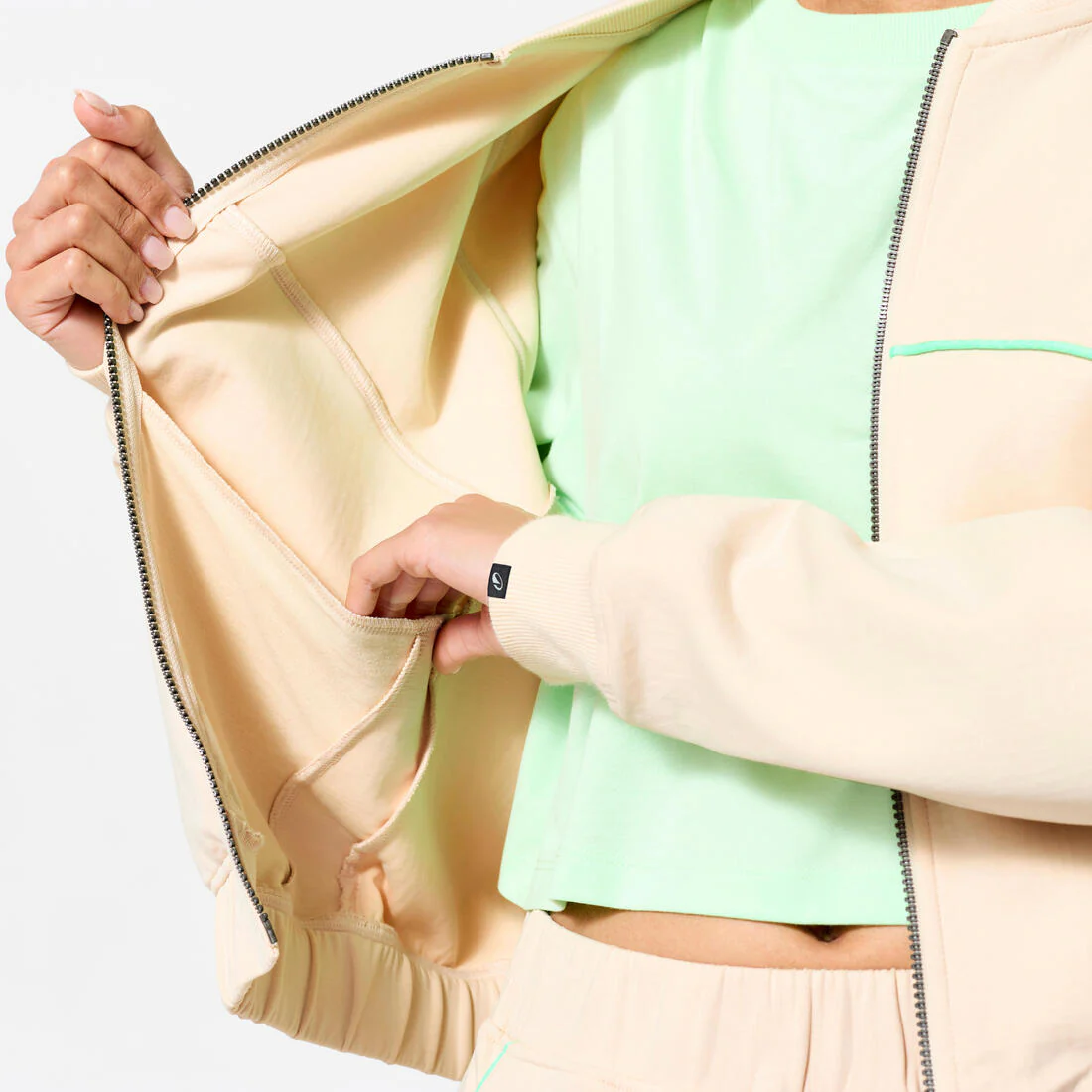 Veste bombers zipée femme, beige avec piping vert. - Image 5
