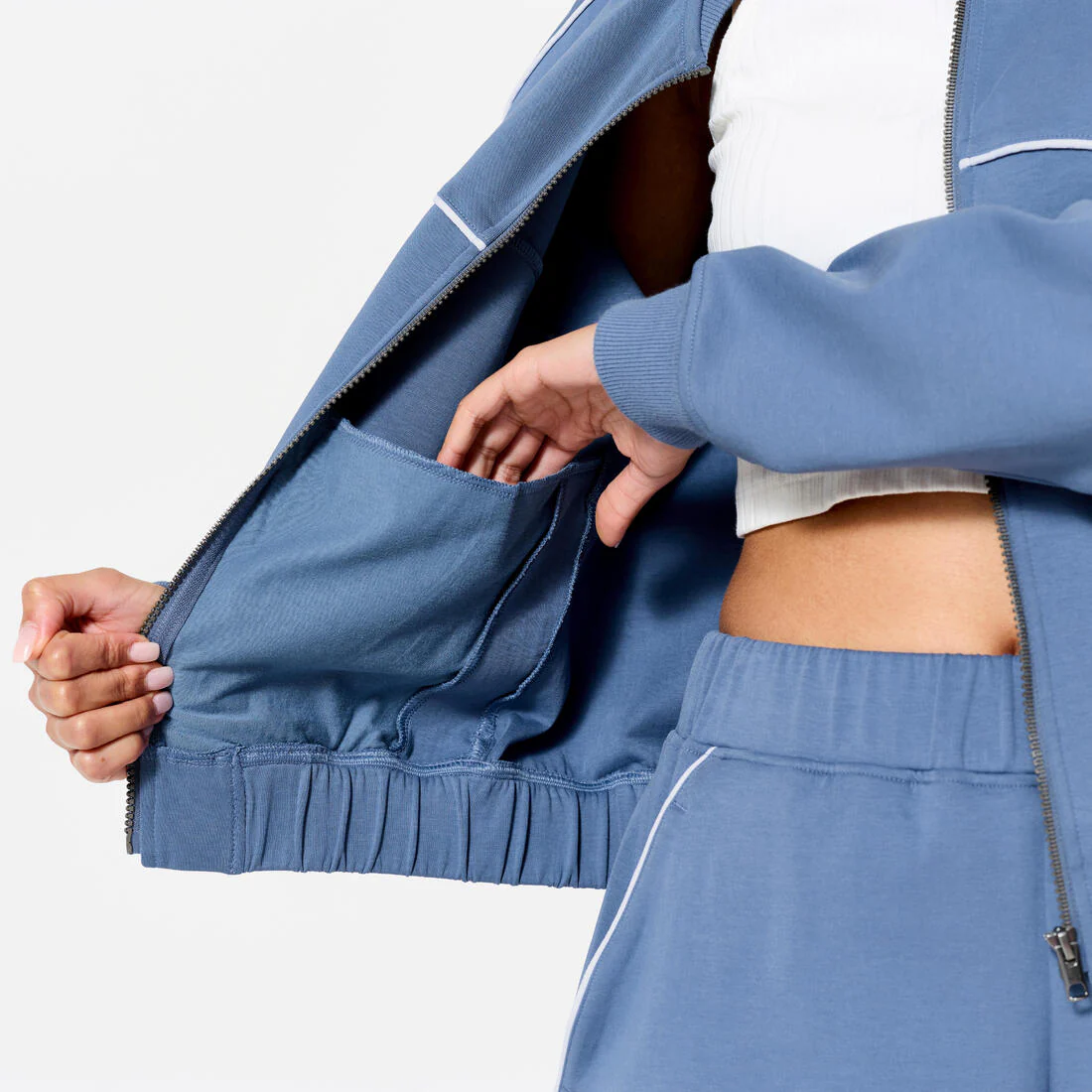 Veste bombers zipée femme, beige avec piping vert. - Image 6
